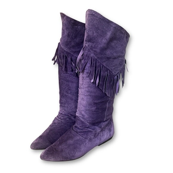 Purple Suede Knee High Slouch Boots With Fringe Retro Fashion Women’s Sz 7 - Picture 1 of 13